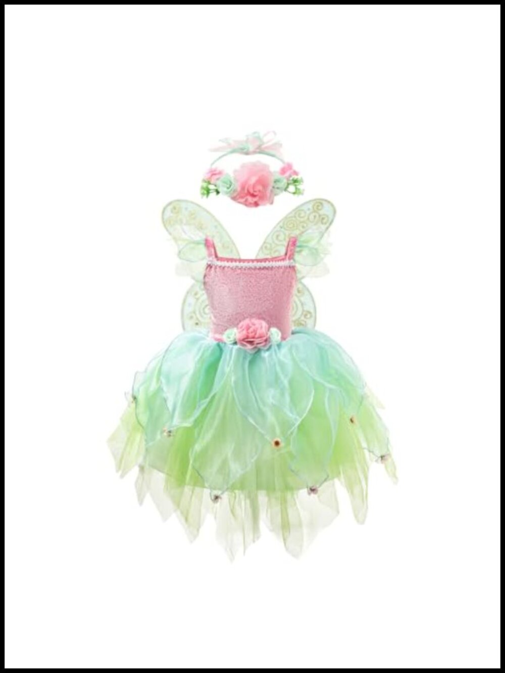 Girls Forest Fairy Costume with Flower Headband & Butterfly Wing Dress